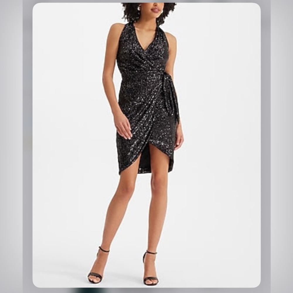 Express Sequin V-Neck Wrap Tie Waist Mini Sheath Dress